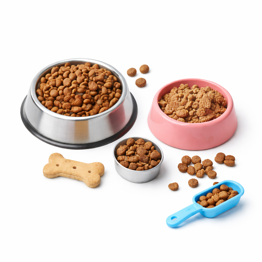 A bowl of dog food and a dog biscuit.