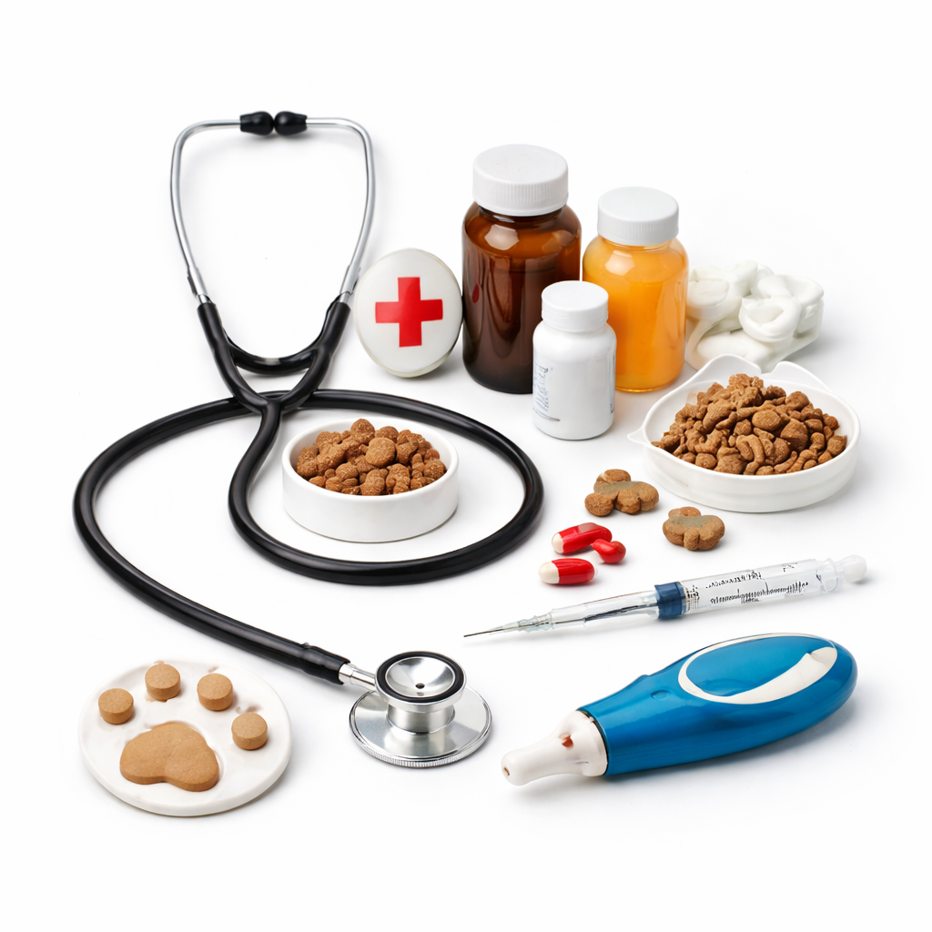 A collection of medical items including a stethoscope, thermometer, and pill bottles.