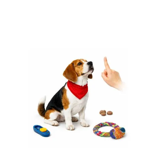 A dog is being trained to sit on command.