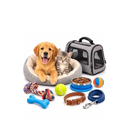 A cat and a dog are laying in a bed with their toys.
