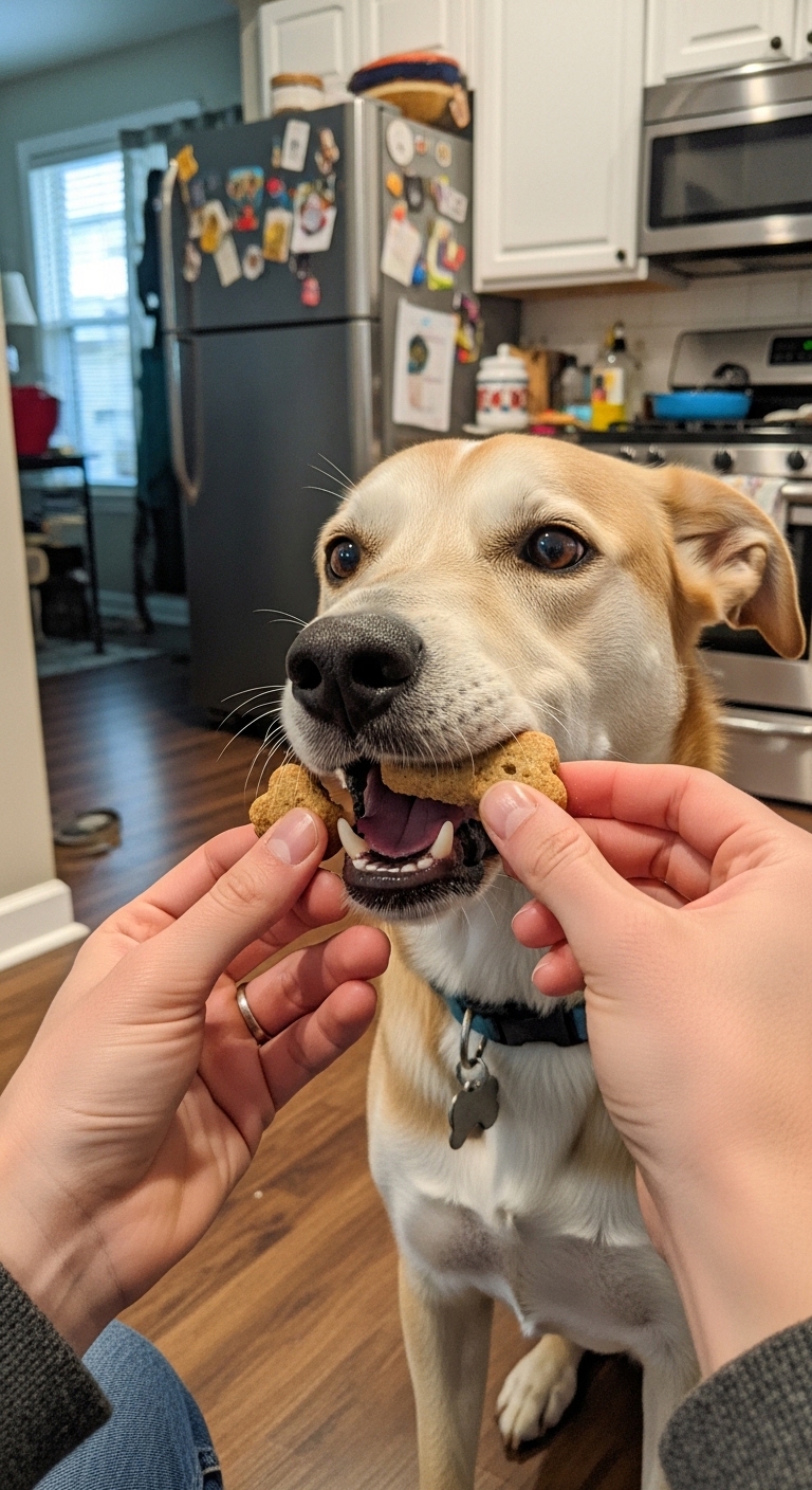 A dog is eating a treat.