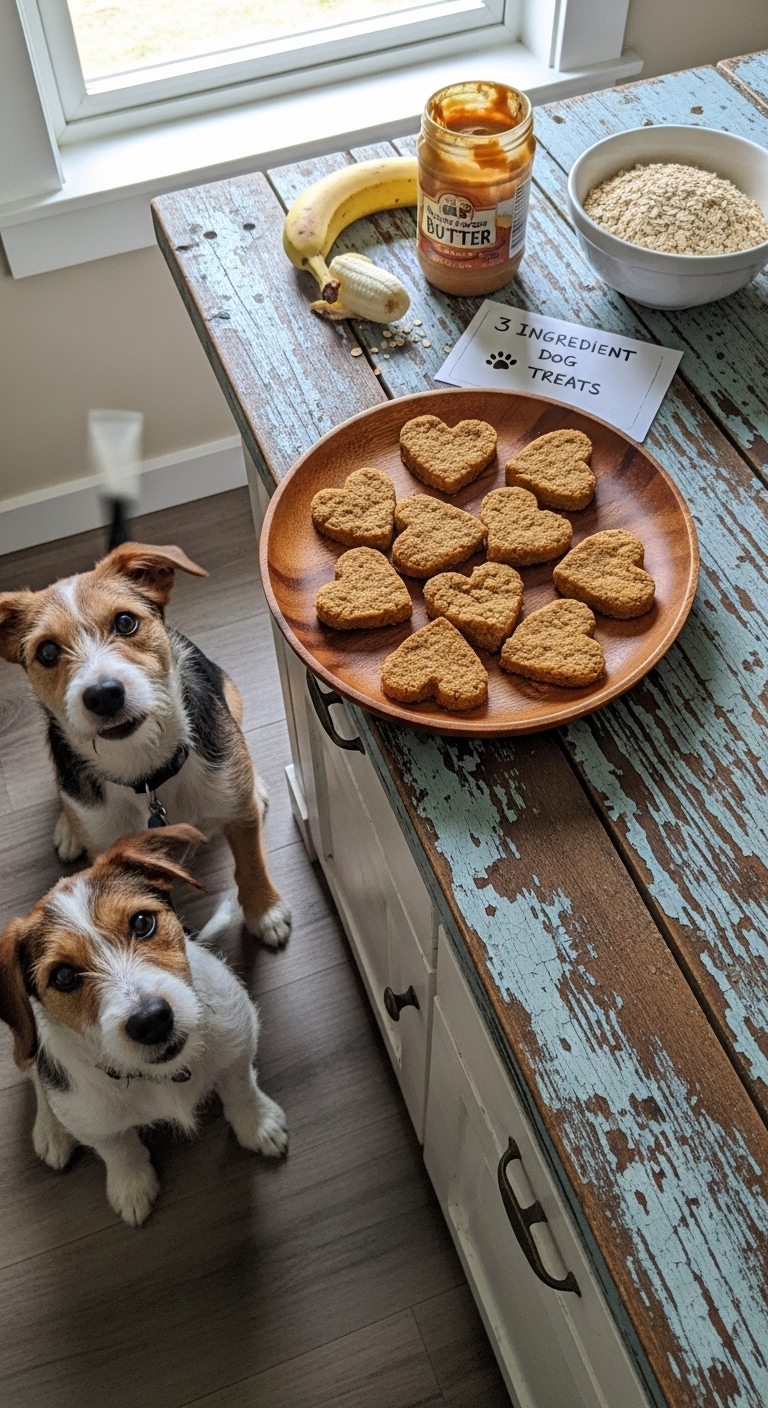 A wooden table with a plate of heart shaped dog treats.