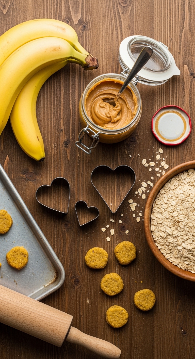 A wooden table with a bowl of oats and a jar of peanut butter.