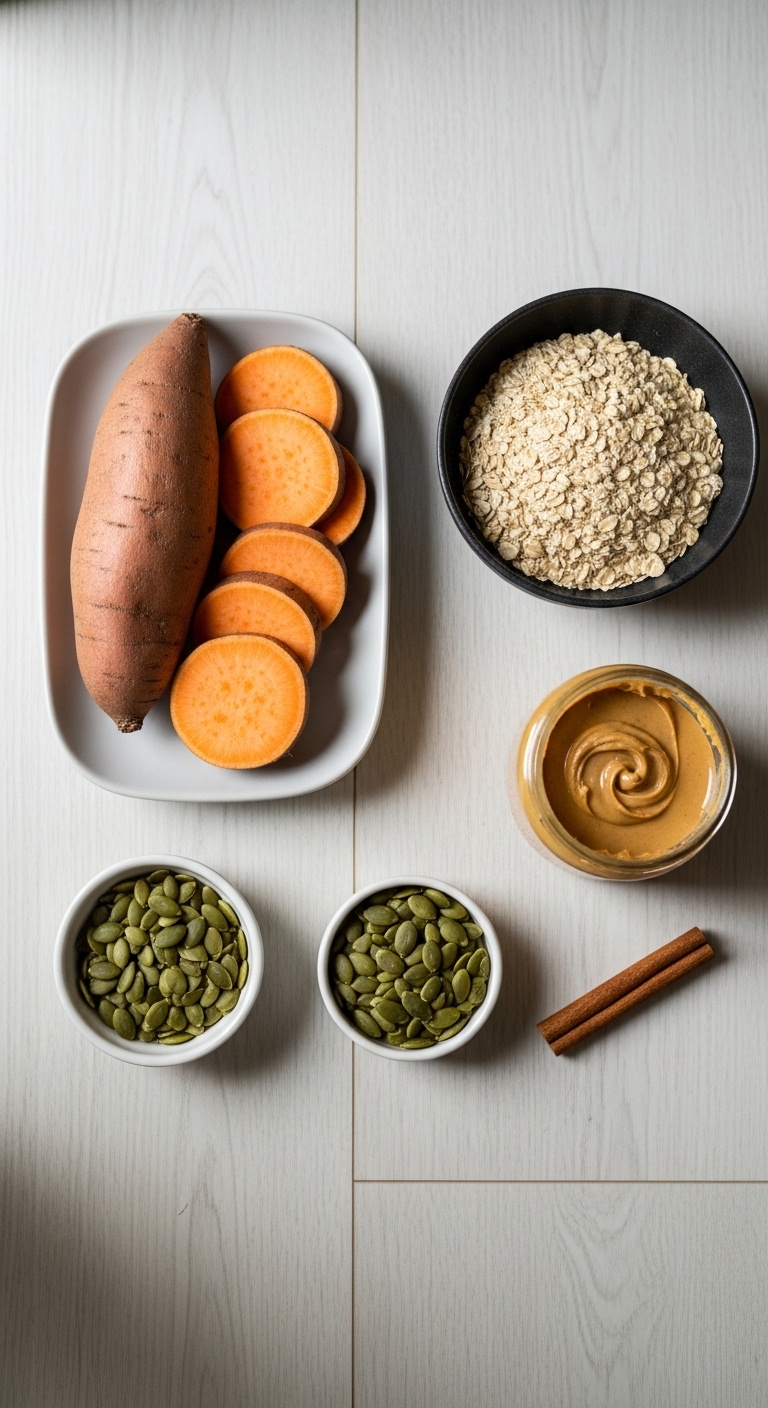 A plate of sweet potato slices and a bowl of oats.