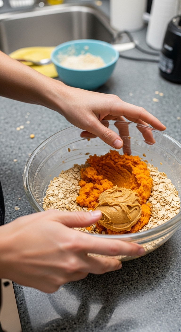 A person is mixing ingredients for a sweet potato cookie.
