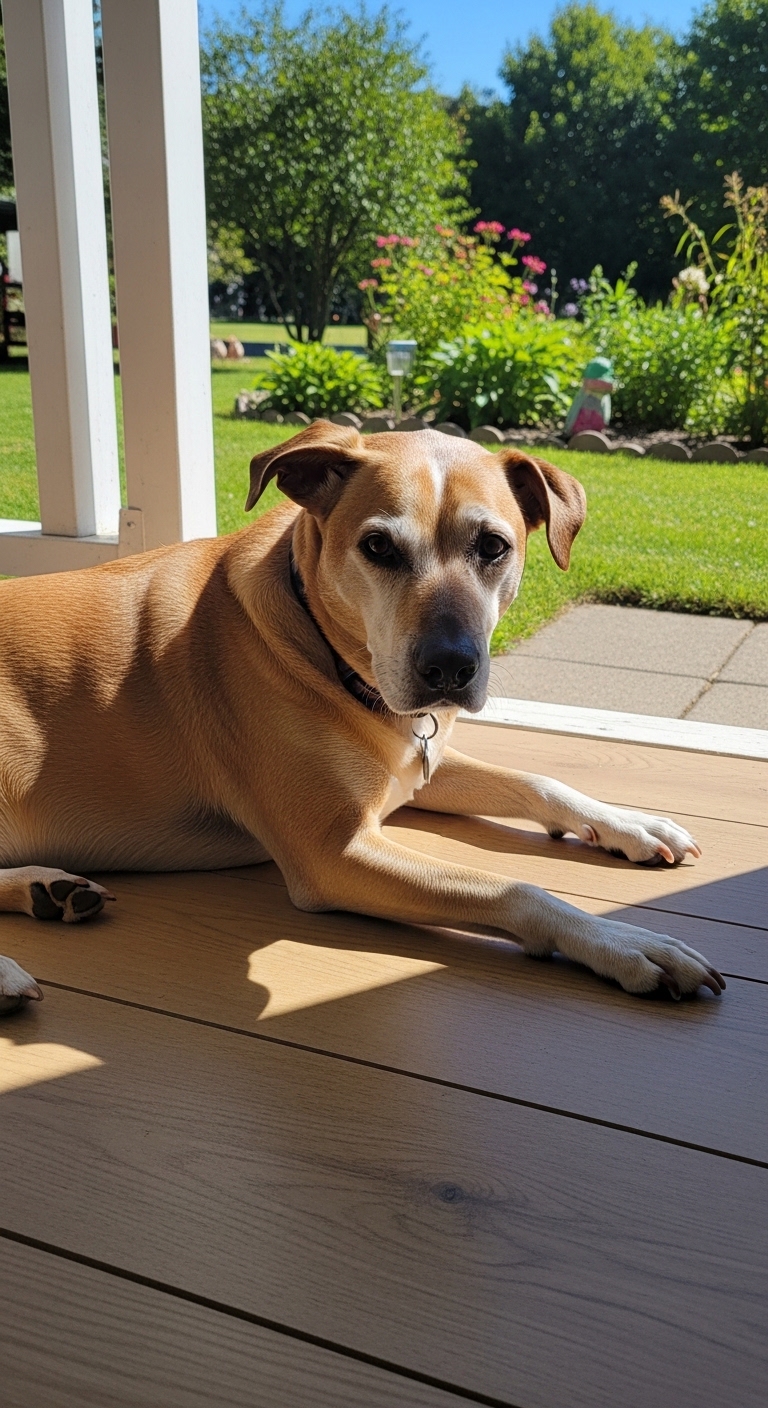 A dog is laying on a wooden deck.