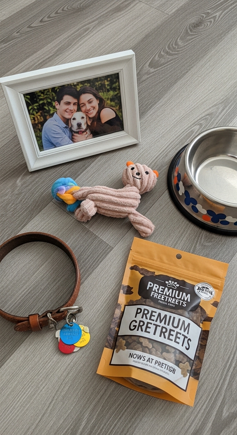 A dog's journey is documented in a photo frame.