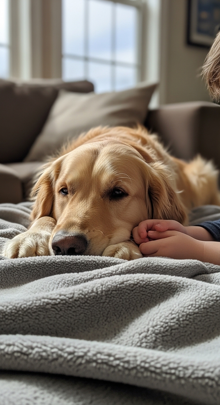 A dog laying on a blanket.