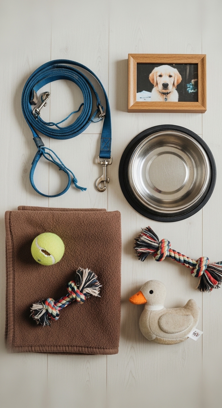 A dog's journey includes a tennis ball, leash, and picture.