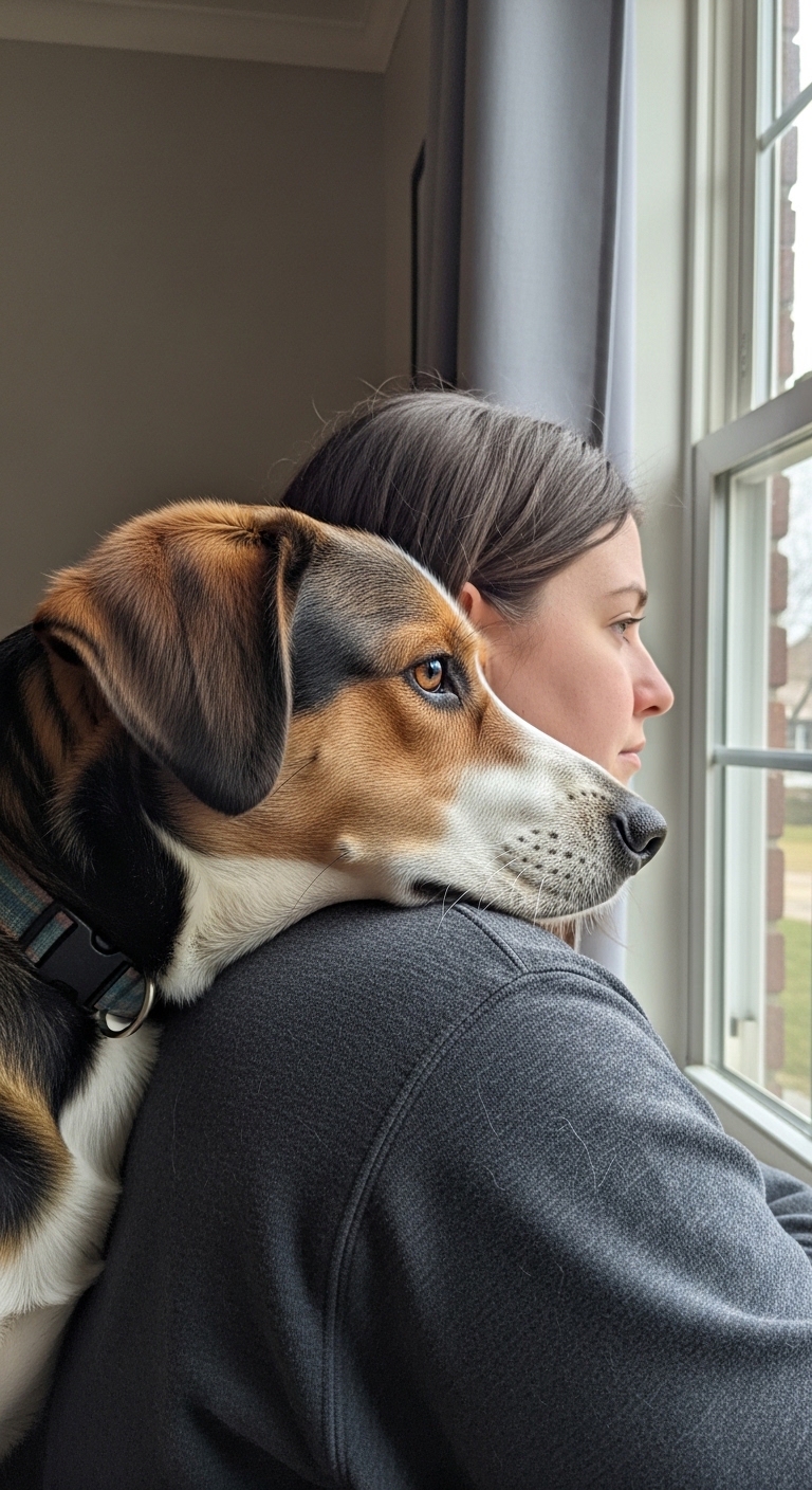 A woman with a dog on her back.
