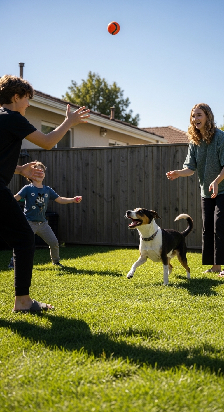 A dog playing with a child and a woman.