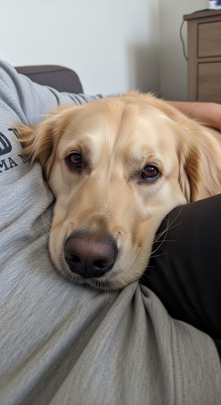 A dog resting its head on a person's arm.