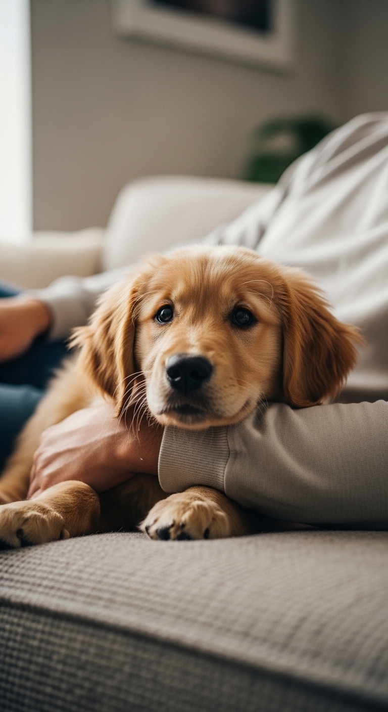 A man holding a dog.