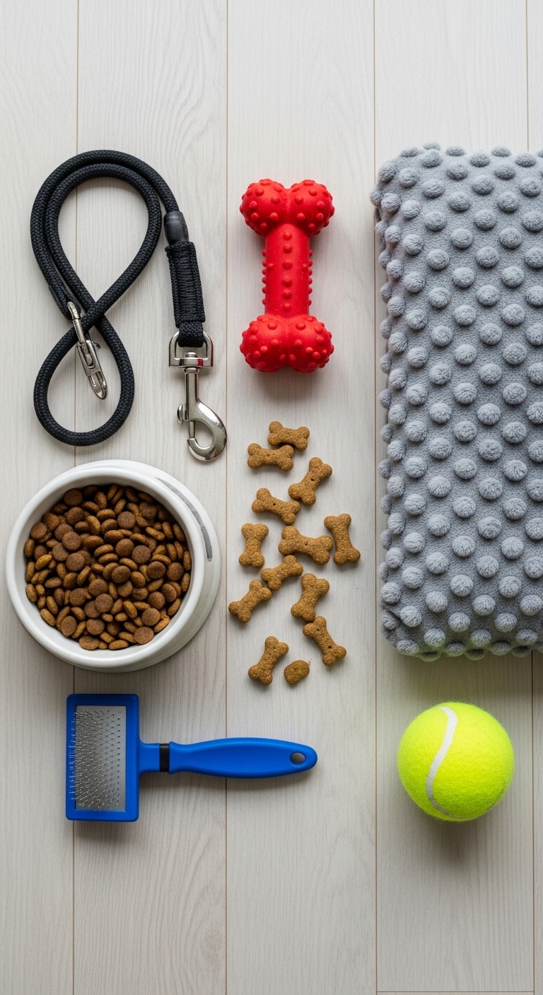 A dog's purpose includes a leash, a tennis ball, and a bowl of dog food.