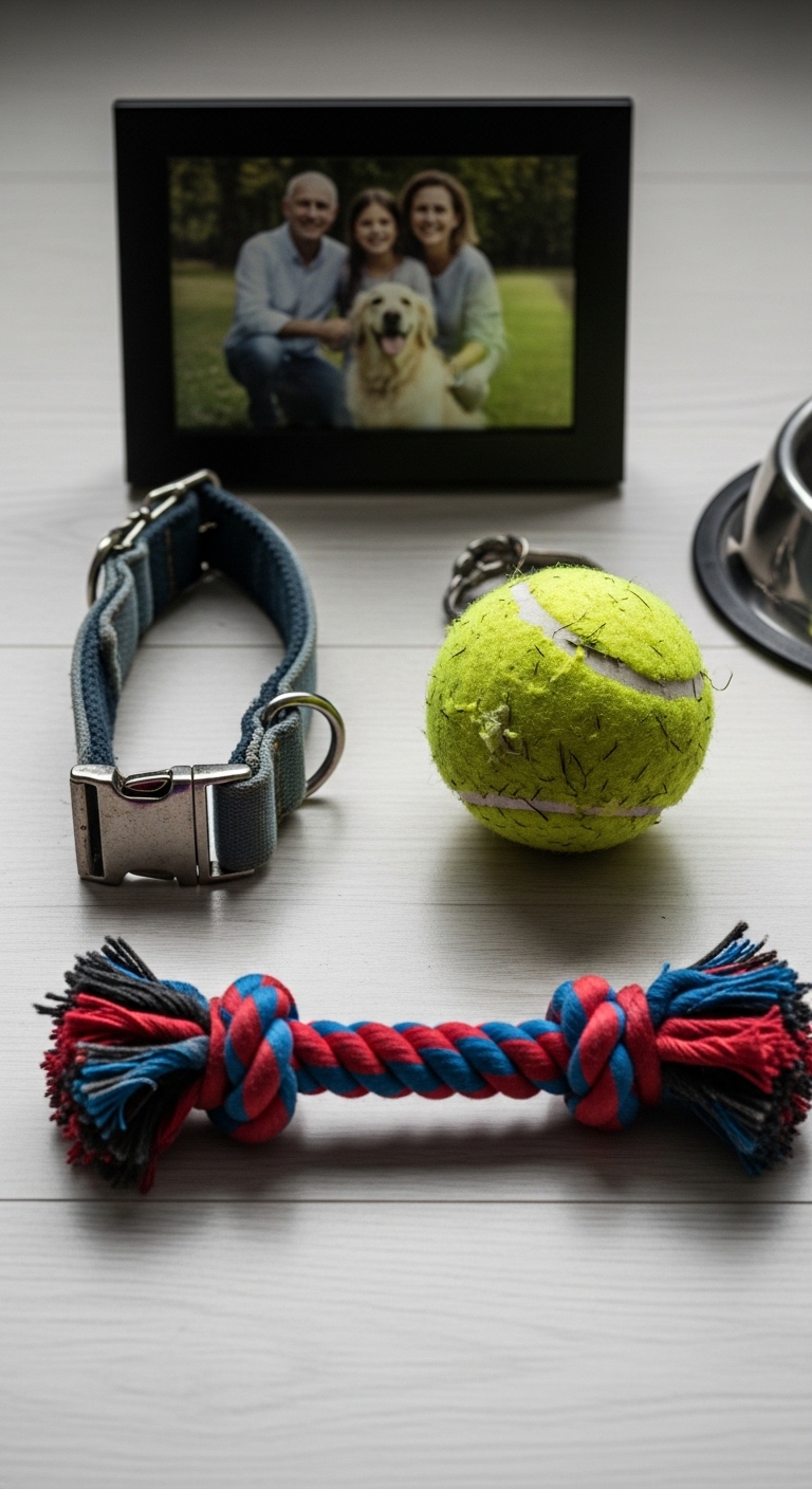 A tennis ball, a dog collar, and a picture of a dog are on a table.