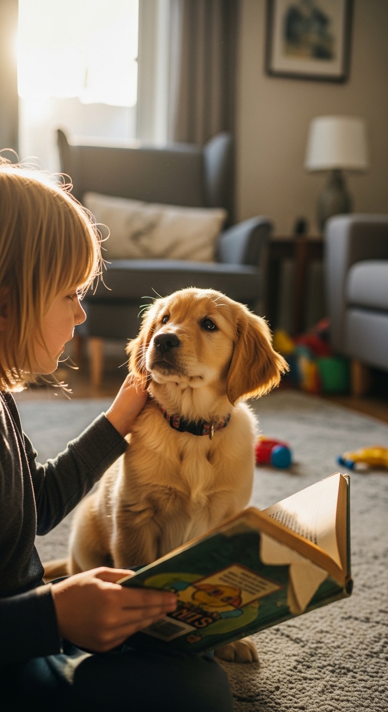 A young girl is petting a dog while holding a book.