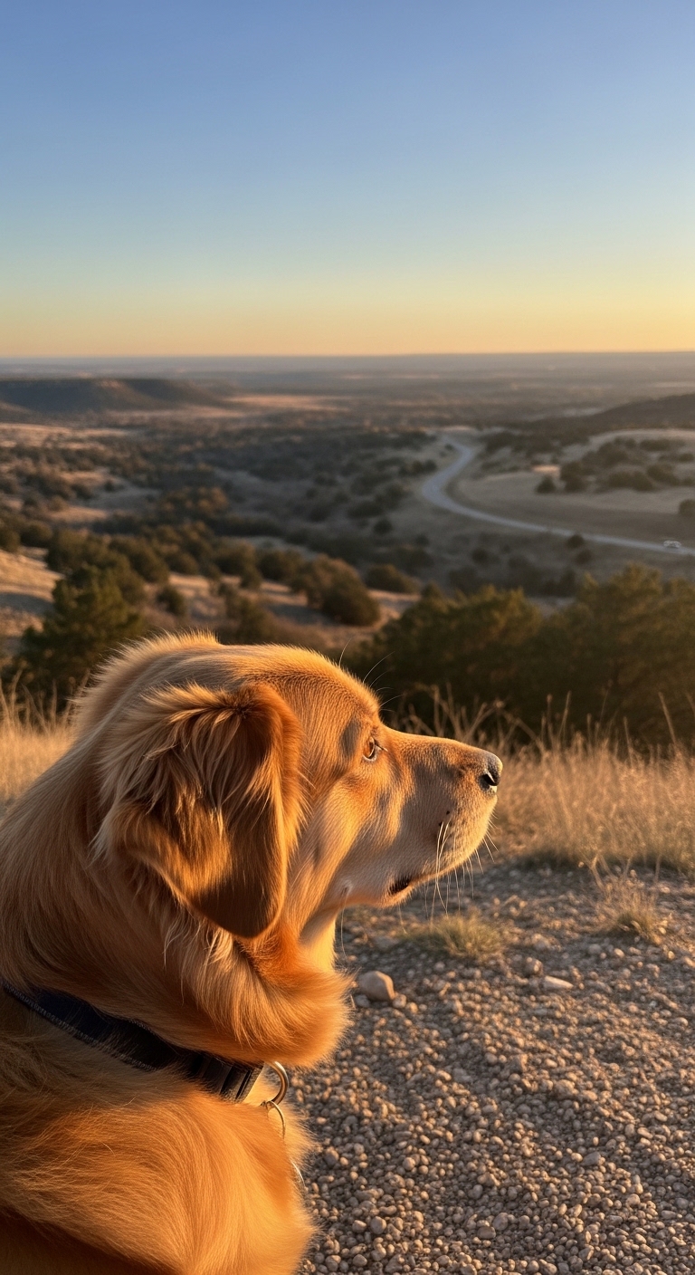 A dog looking out over a valley.