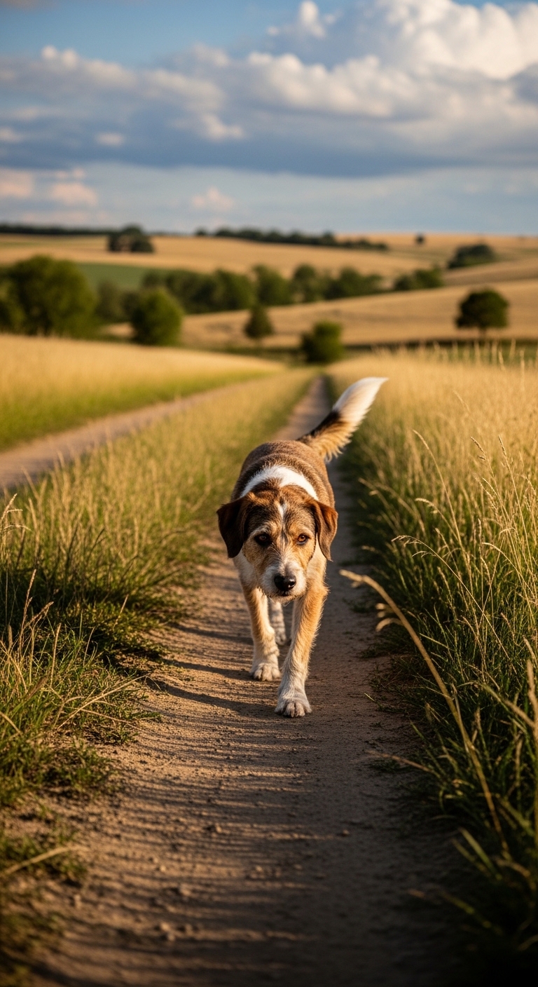 A dog walking down a dirt road.