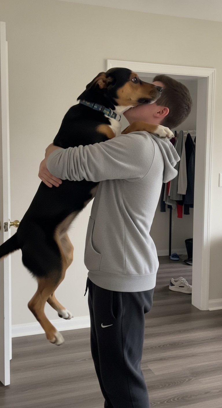 A man and a dog hugging each other.