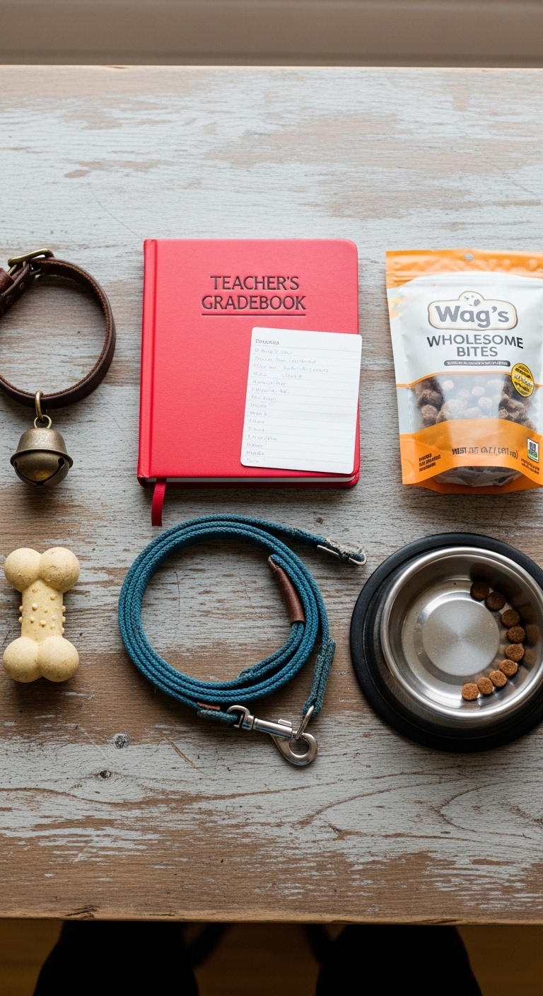 A red notebook, a bag of dog food, a leash, a bell, and a dog bone are on a table.