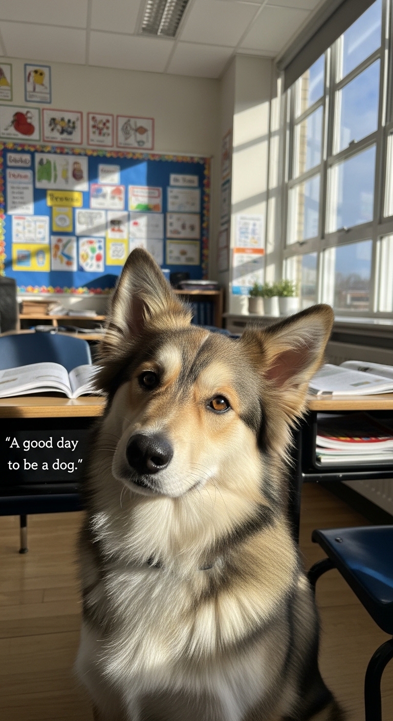 A dog sitting in front of a desk with a book on it.