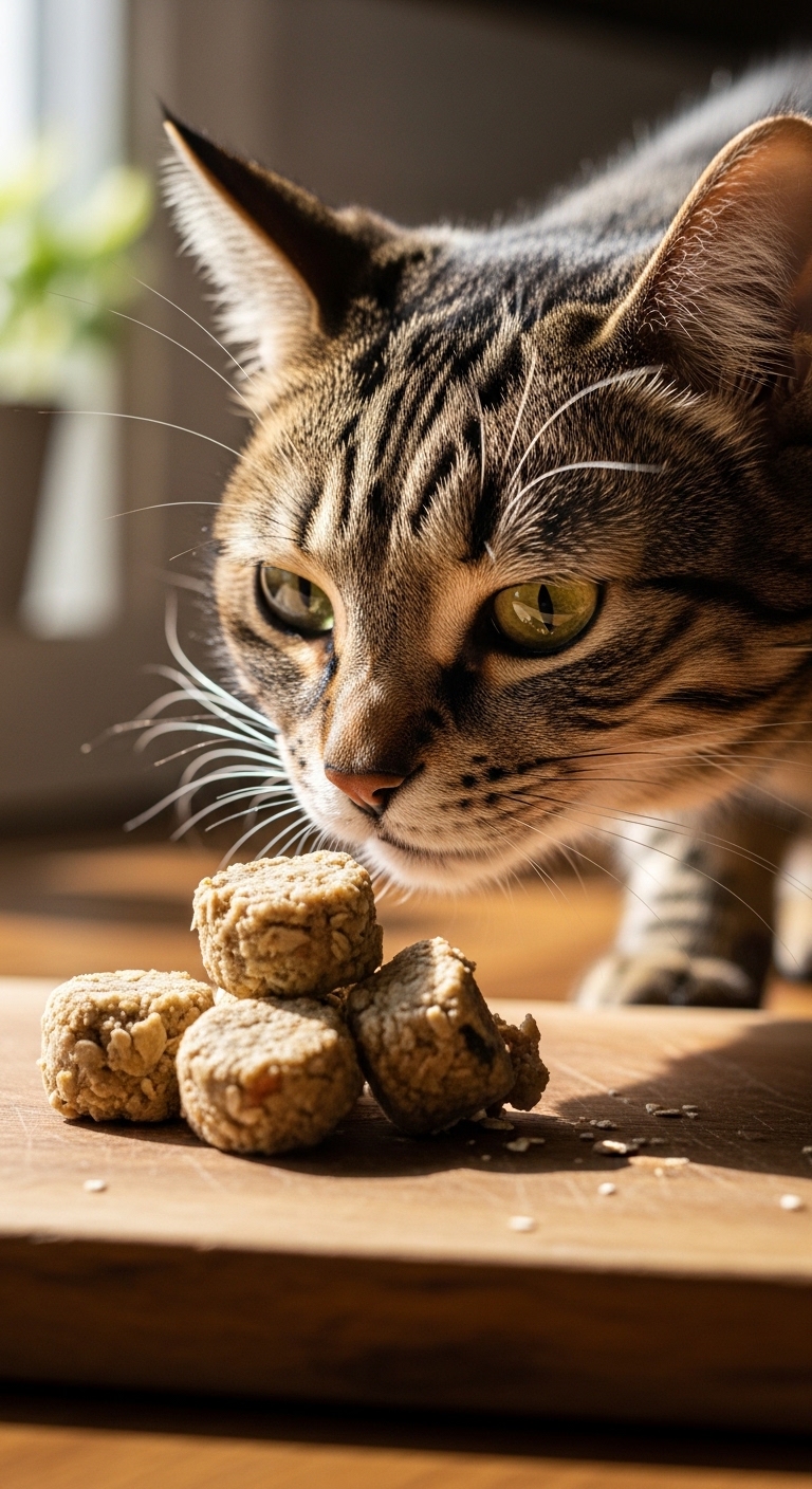 A cat is sniffing a treat on a table.
