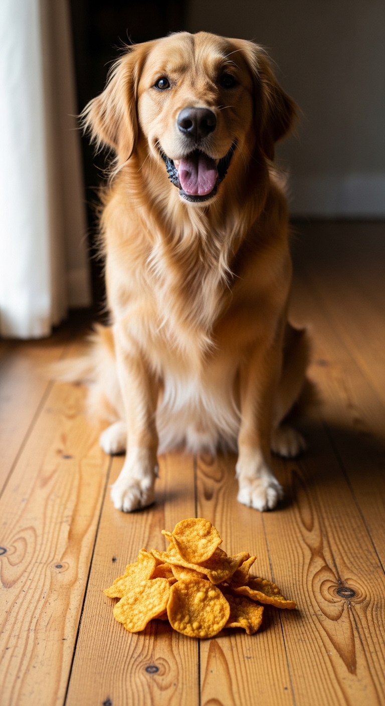 A golden retriever dog sitting on a wooden floor with a piece of food in front of it.