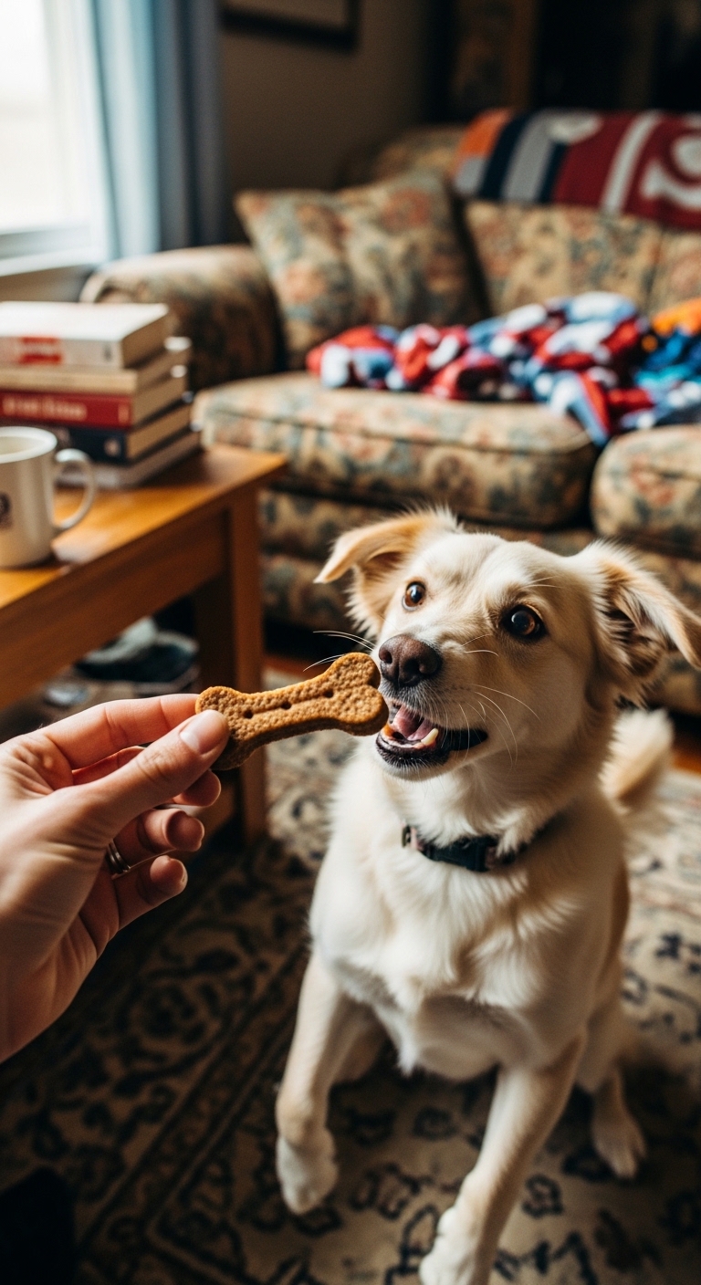 A person is holding a dog treat in their hand.