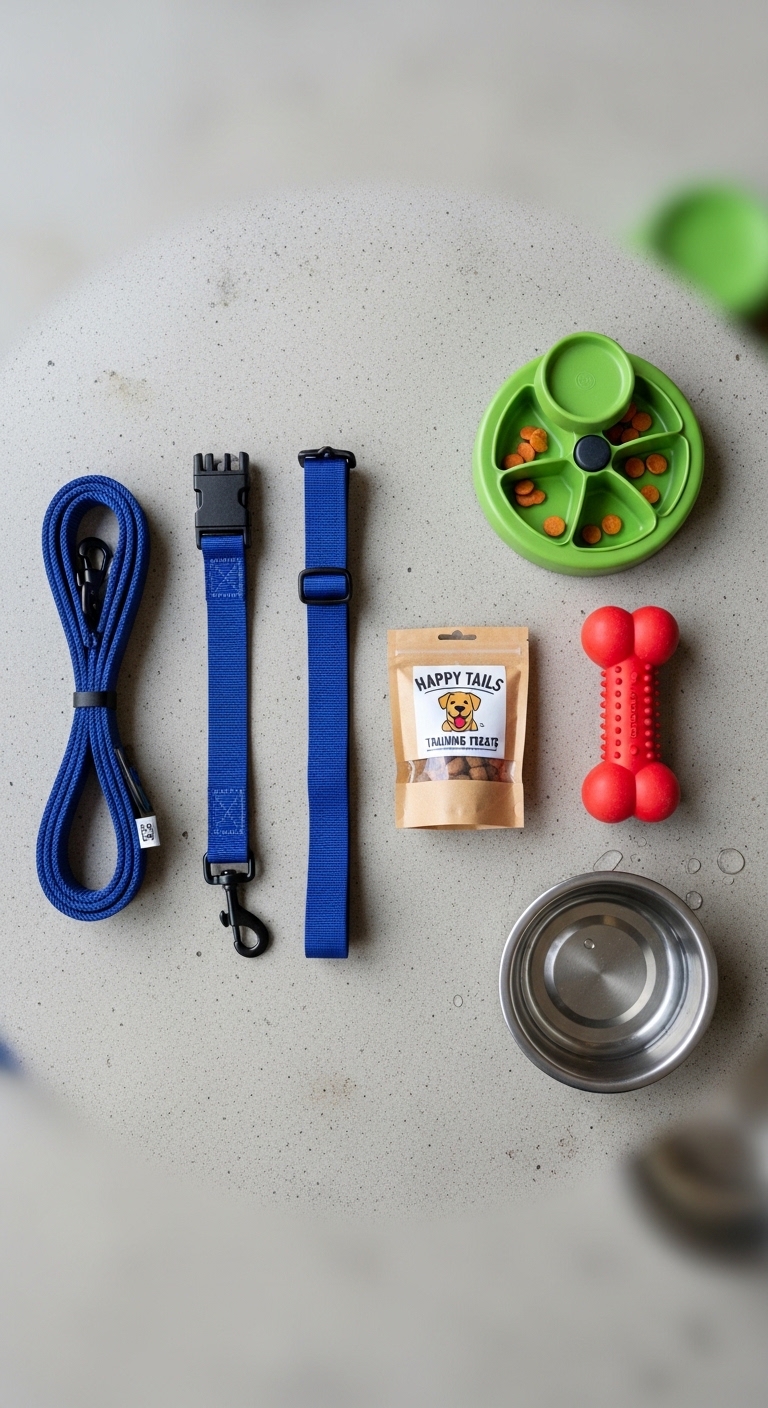 A blue dog leash and a bag of Happy Tails dog treats.