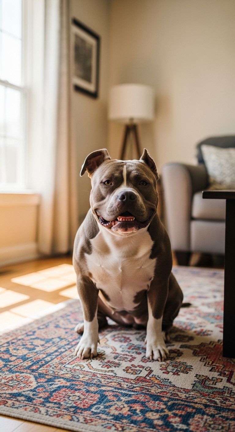 A bully dog sitting on a rug.