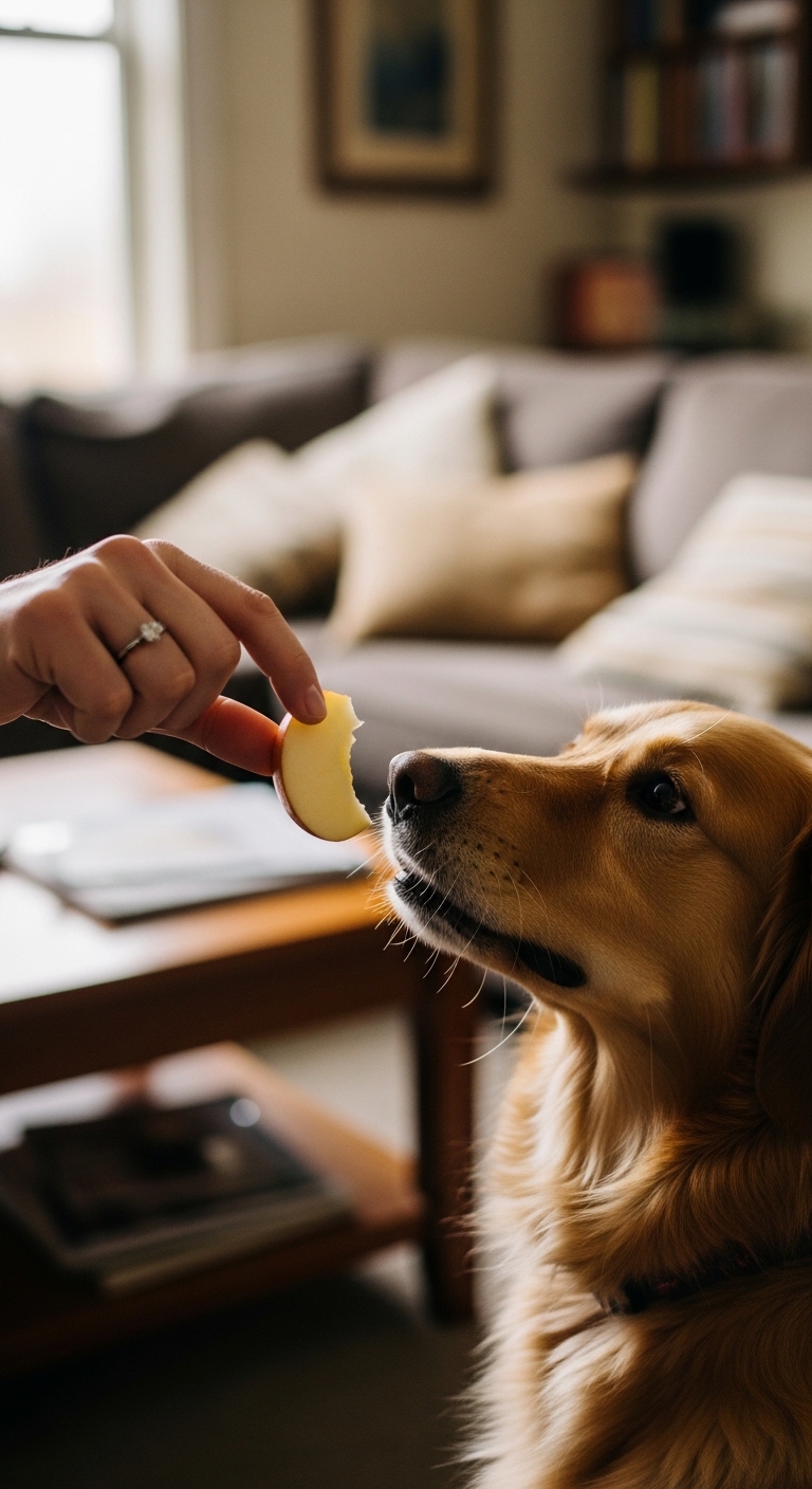 A person is feeding a dog an apple.