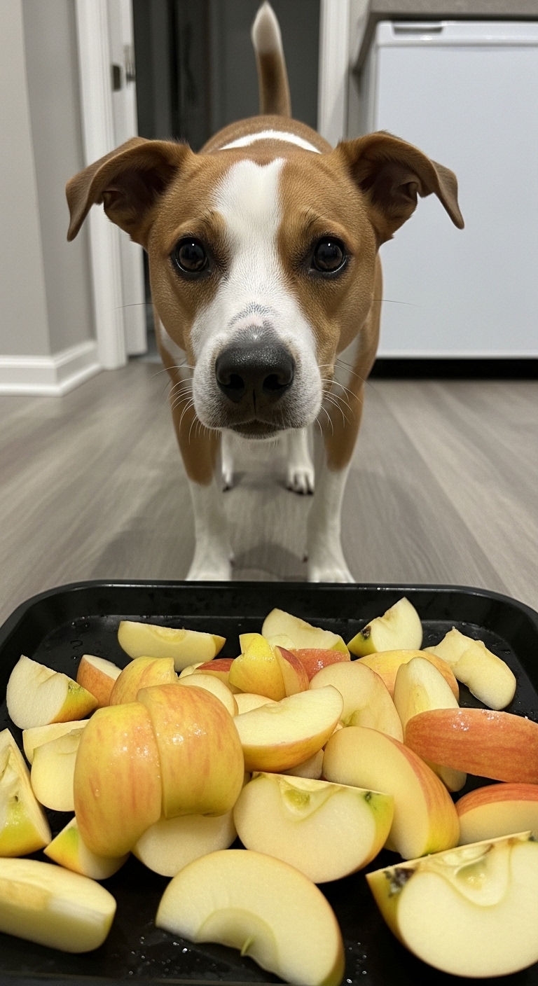 A dog is looking at a bowl of apples.