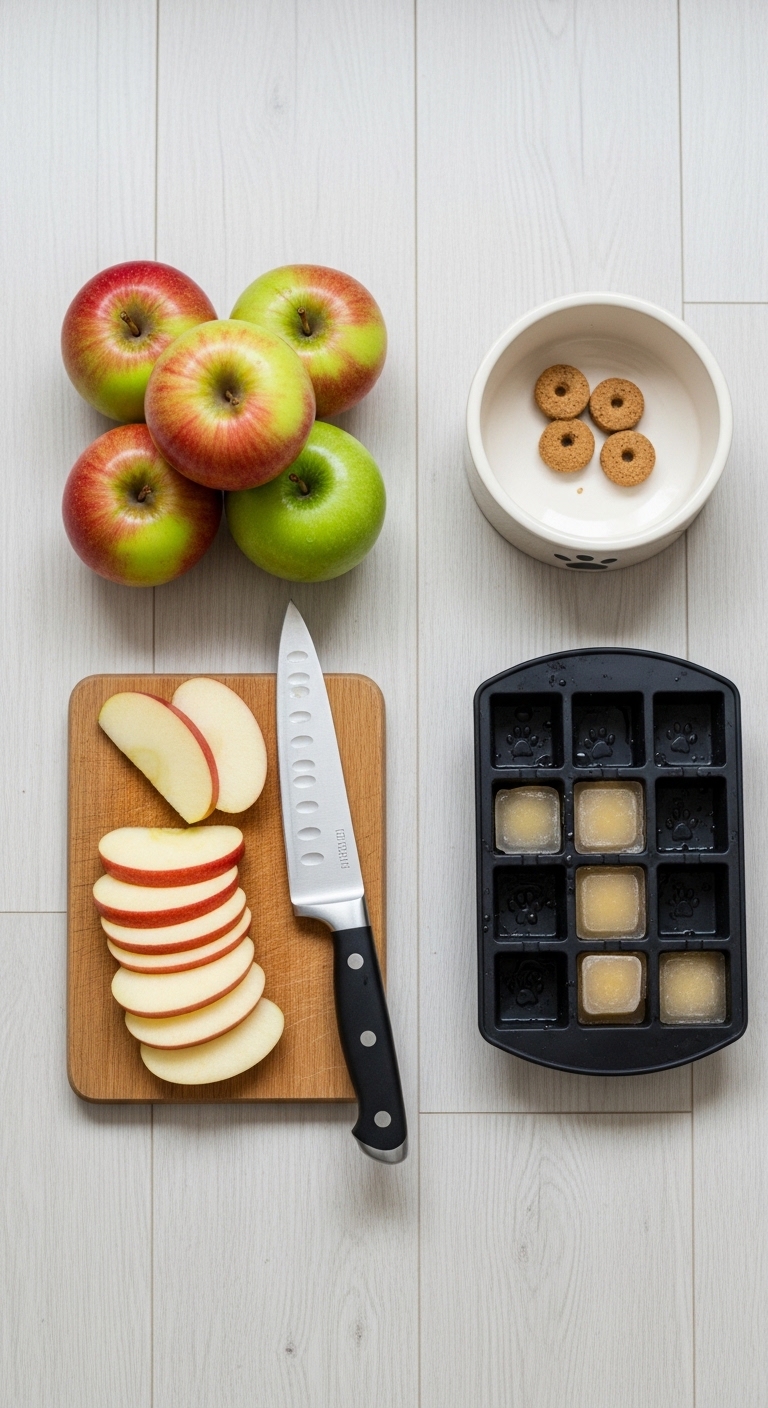 Apples and a knife on a cutting board.