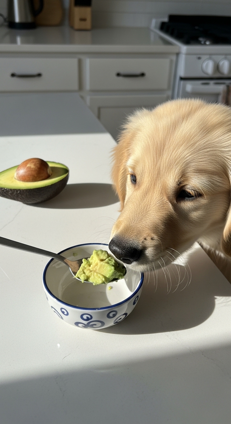 A dog eating avocado.