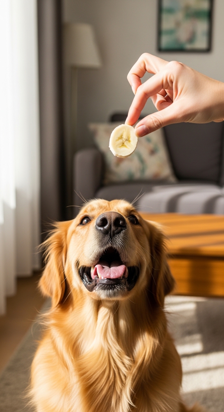 A dog is eating a banana.