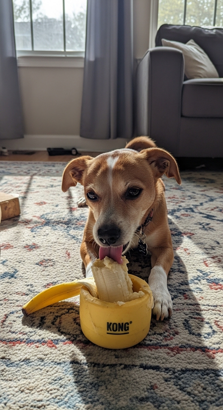 A dog licking a banana peel.