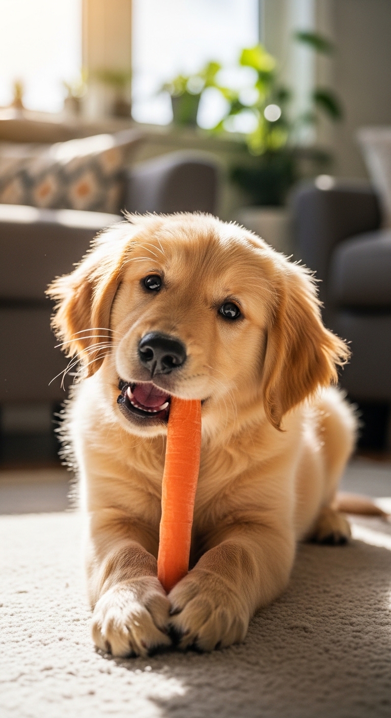 A dog is holding a carrot in its mouth.