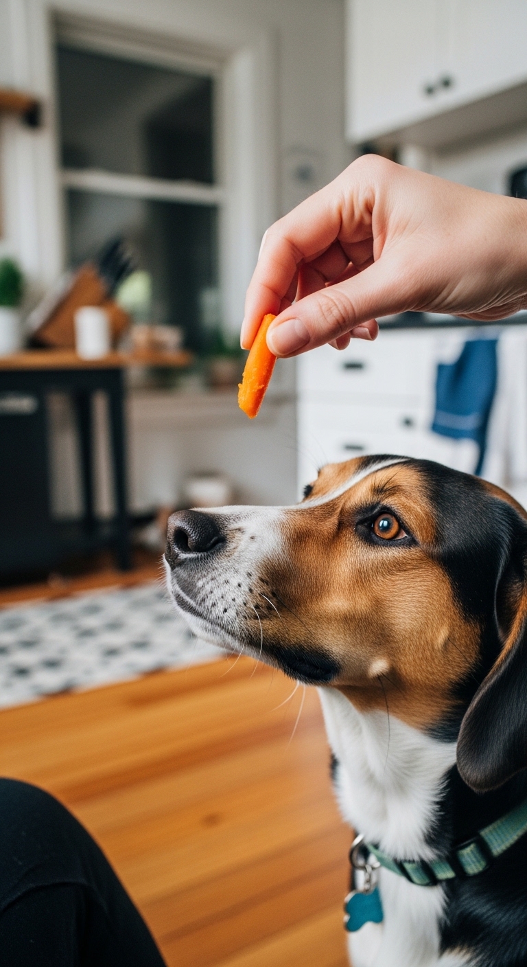 A dog is eating a carrot.