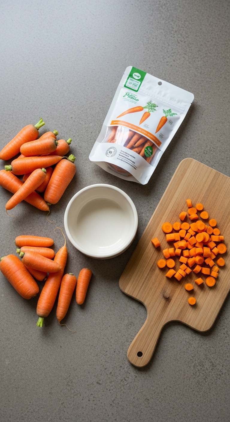 A bag of carrots and a bowl of carrots on a table.