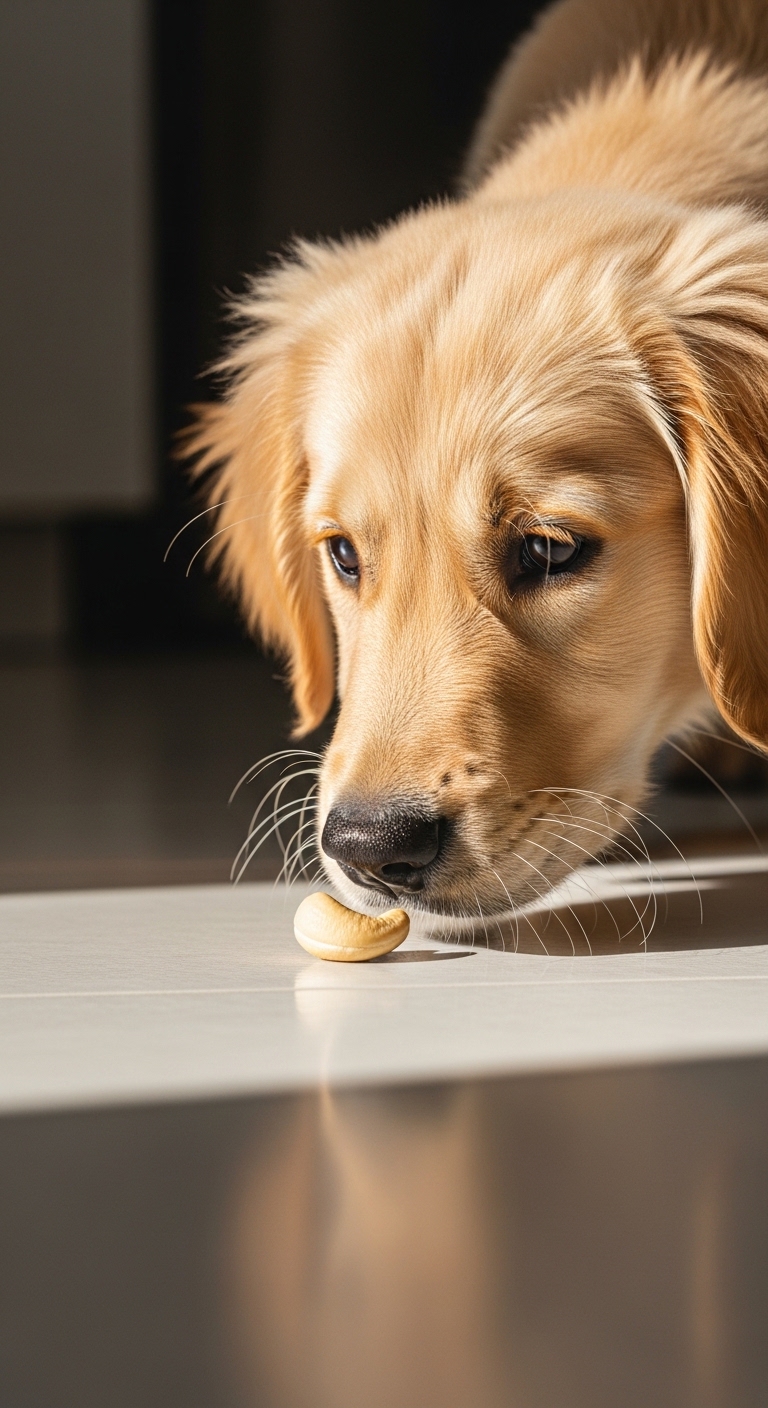 A dog is eating a cashew.