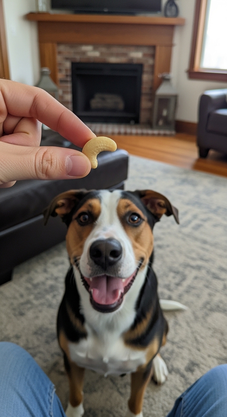 A dog is smiling at a cashew.