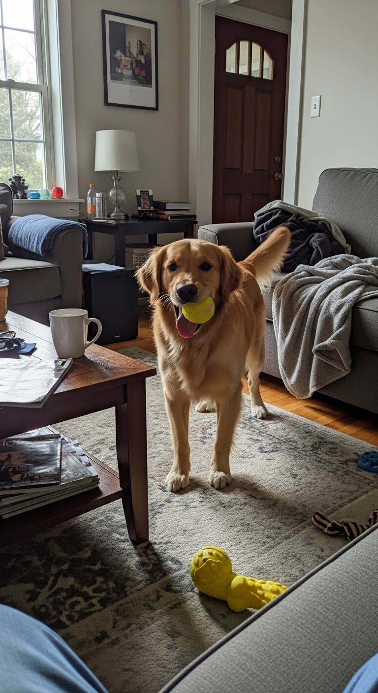 A dog holding a tennis ball in its mouth.