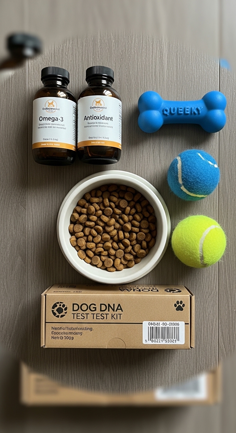 A box of dog food with a tennis ball and a blue ball.