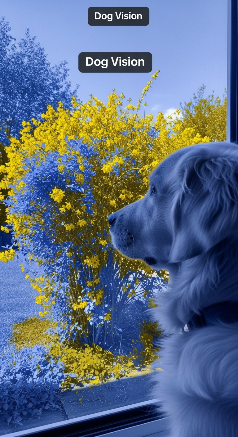 A dog looking out a window at yellow flowers.