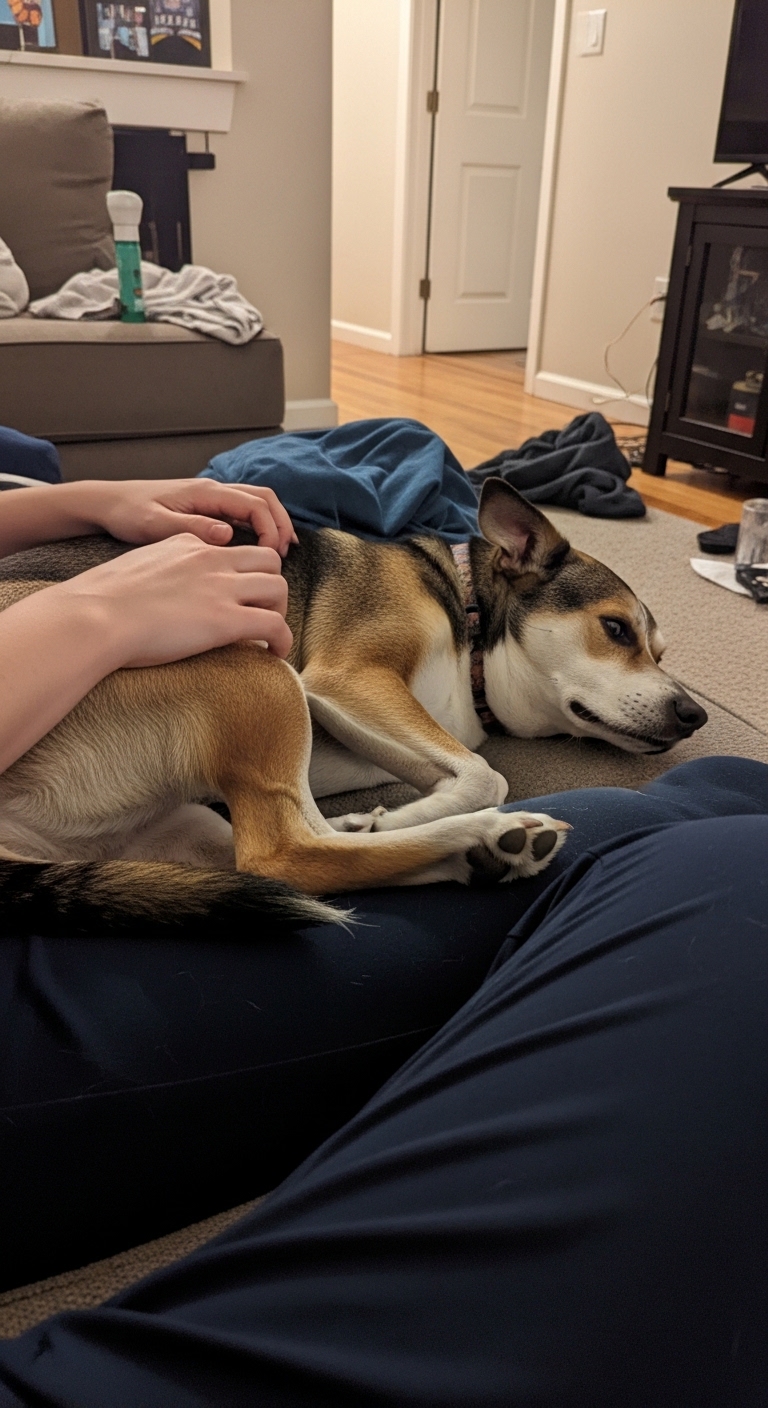 A dog is laying on a couch and being petted.