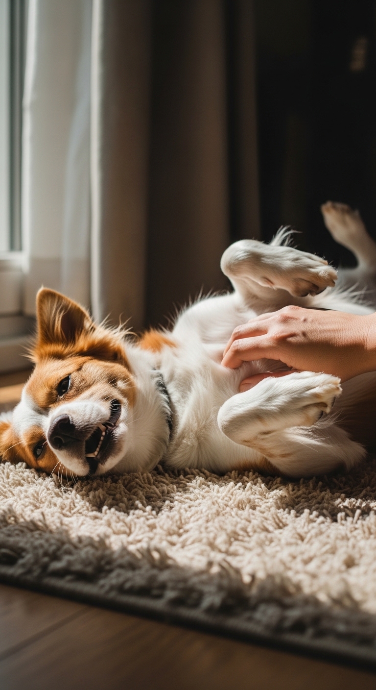 A dog is laying on the floor with a person petting it.