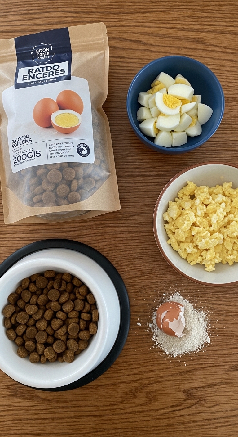 A bag of dog food sits next to a bowl of eggs.