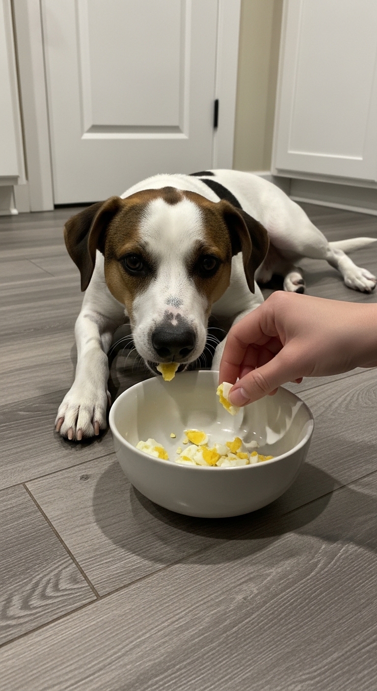 A dog eating eggs from a bowl.