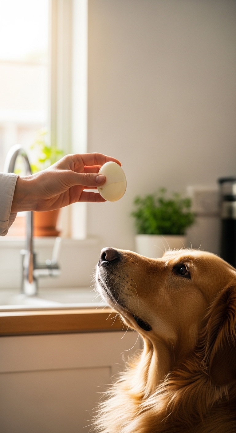 A person is holding an egg in front of a dog.