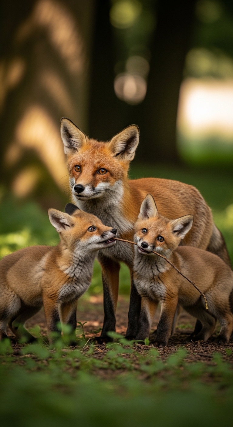 Three foxes are standing together in a forest.